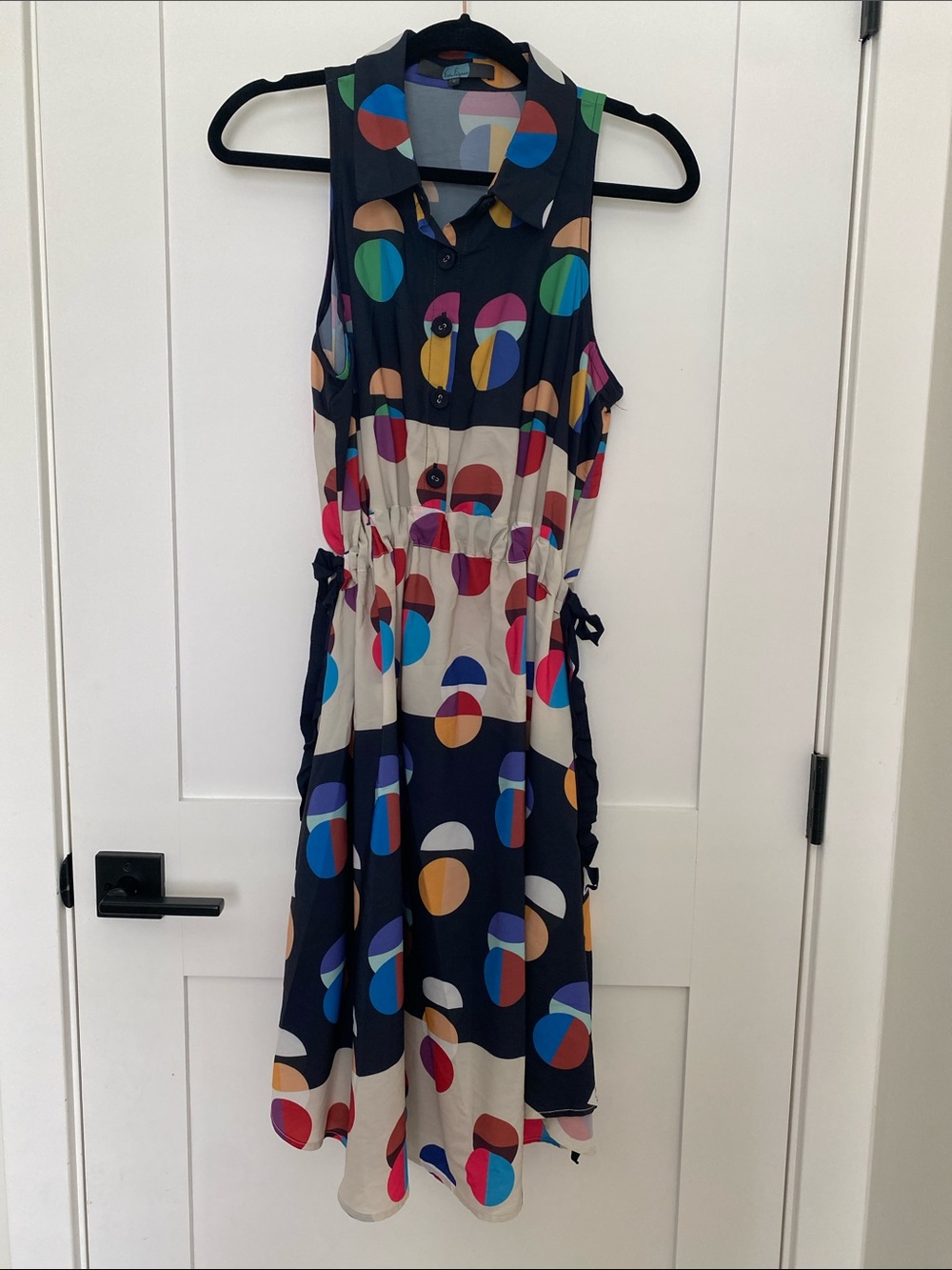 Eva Franco Navy and Cream Midi Dress with Multicolor Circle Print